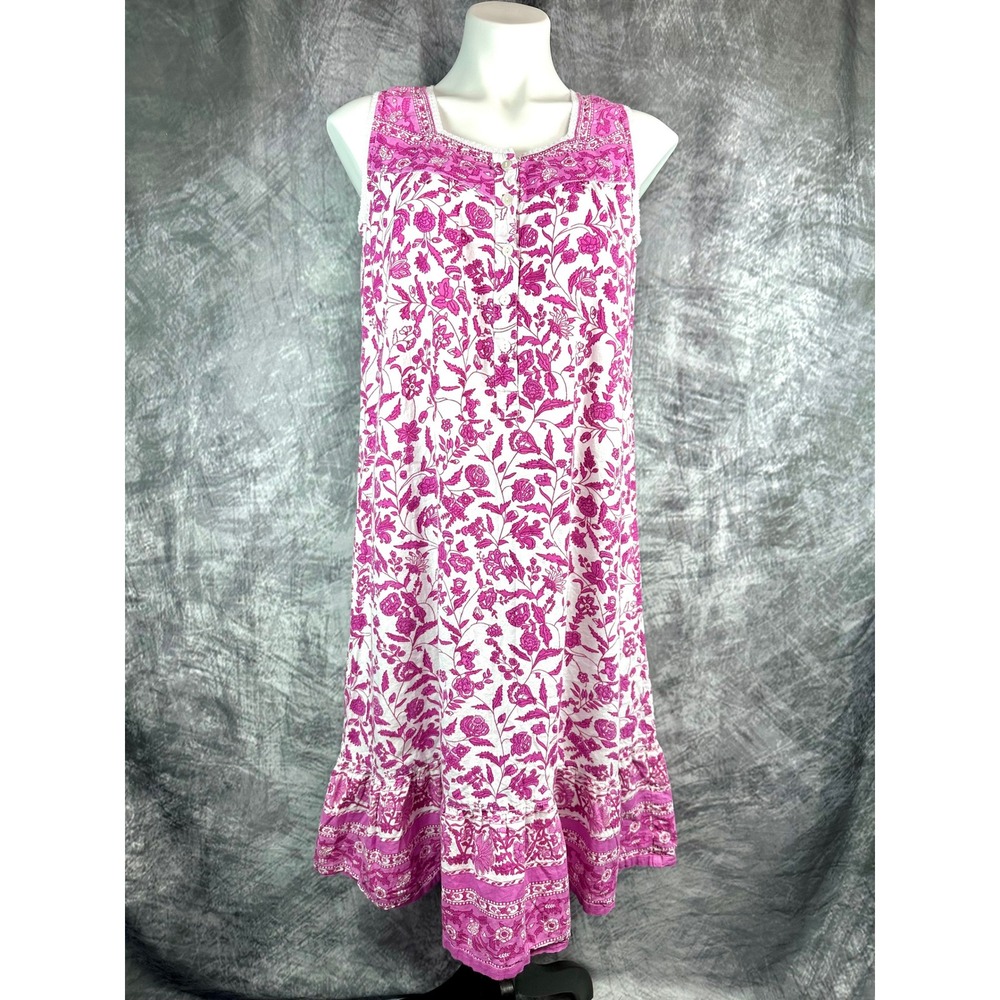 La Cera Nightgown Womens Small Pink White Floral Cotton Sleeveless Midi Length